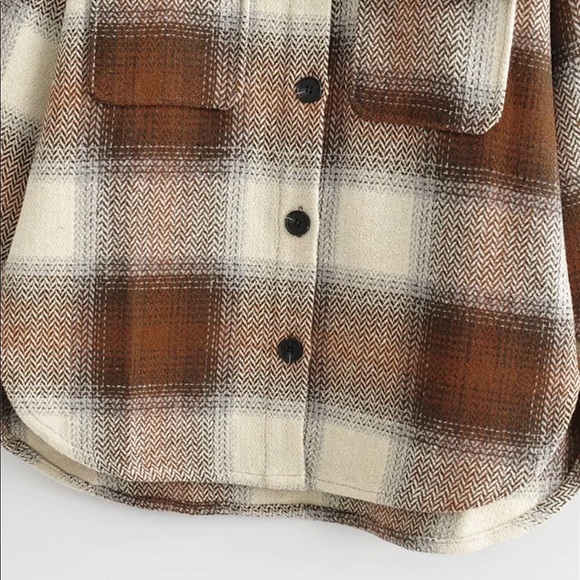 Boyfriend Fit Plaid Jacket Coat Brown Trucker - Picture 12 of 16